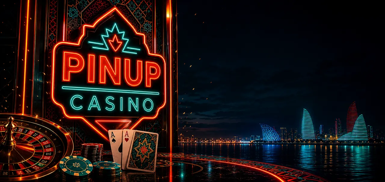 Neon işıqlı PINUP CASINO lövhəsi, rulet, kartlar və fişlər